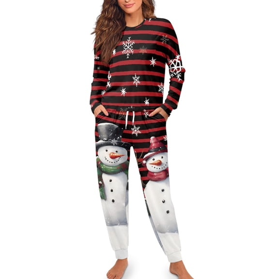 Yuyamidu Christmas Pajama for Women Snowman Long Sleeve Nightwear Snowflake Round Neck Pjs Top and Pants Set of 2 Winter Fall Sleepwear Sets Size M, Red Black Stripes