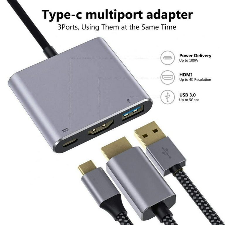 uni Adaptateur USB C vers HDMI, 3en1 Adaptateur Multiport AV Numérique avec  HDMI 4K 30Hz, 100W Port de Charge, USB 3.0, Câble convertisseur de Type C  pour MacBook Pro/Air, Galaxy, Surface etc. 