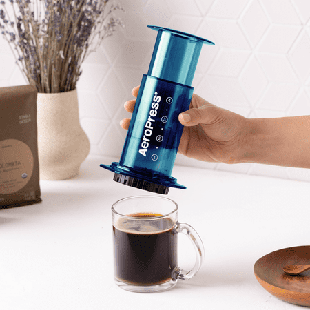 (MISSING SCOOPER)AeroPress Clear Coffee Press – 3 in 1 Brew Method with French Press and Espresso – Full Bodied Without Grit – Portable Maker with Clear Body, Blue