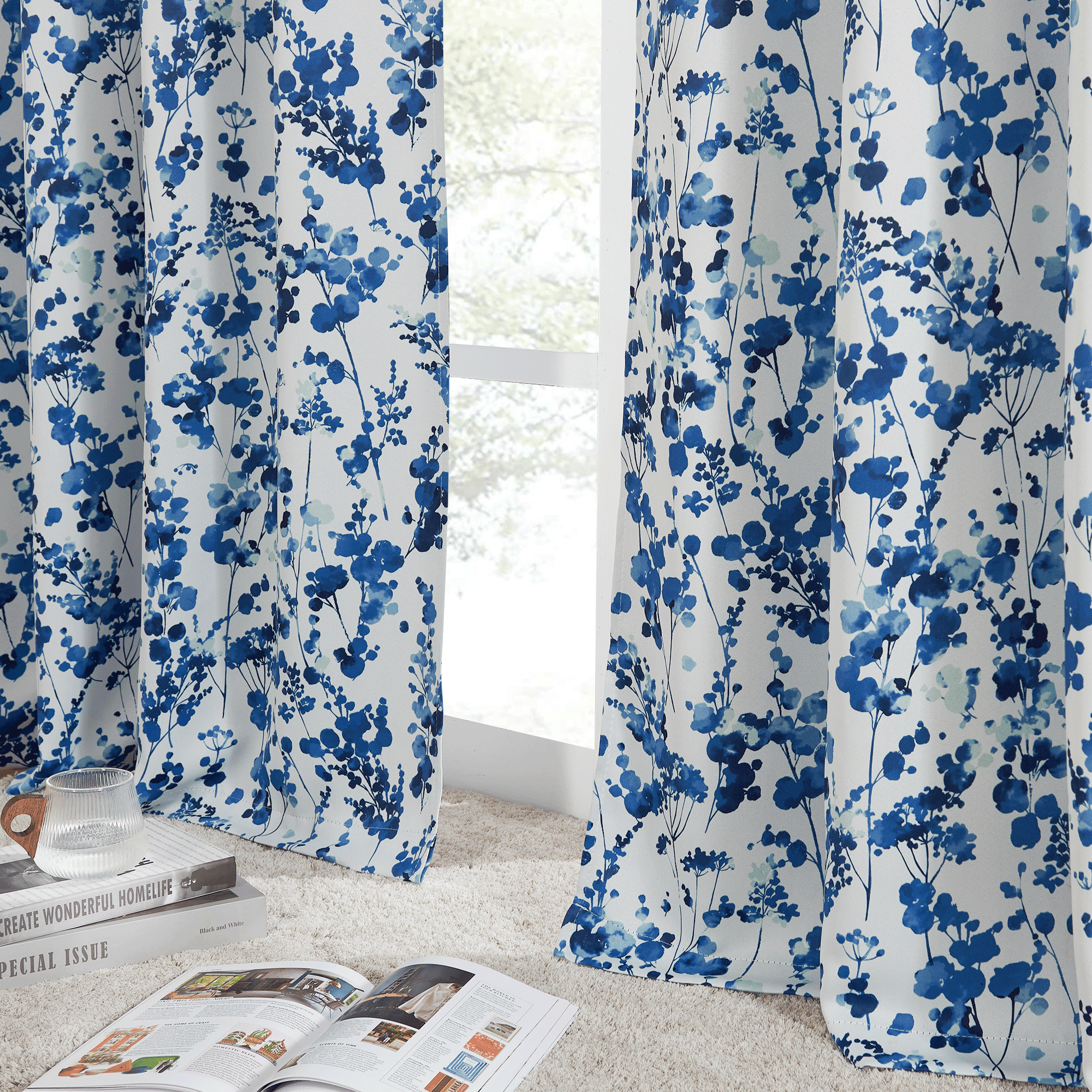 NICETOWN Blackout Curtains 84 inches Long, Watercolor Dots pattern Light Blocking Curtains Thermal Insulated Energy Efficient Grommet Drapes for Farmhouse, Blue, 2 Panels