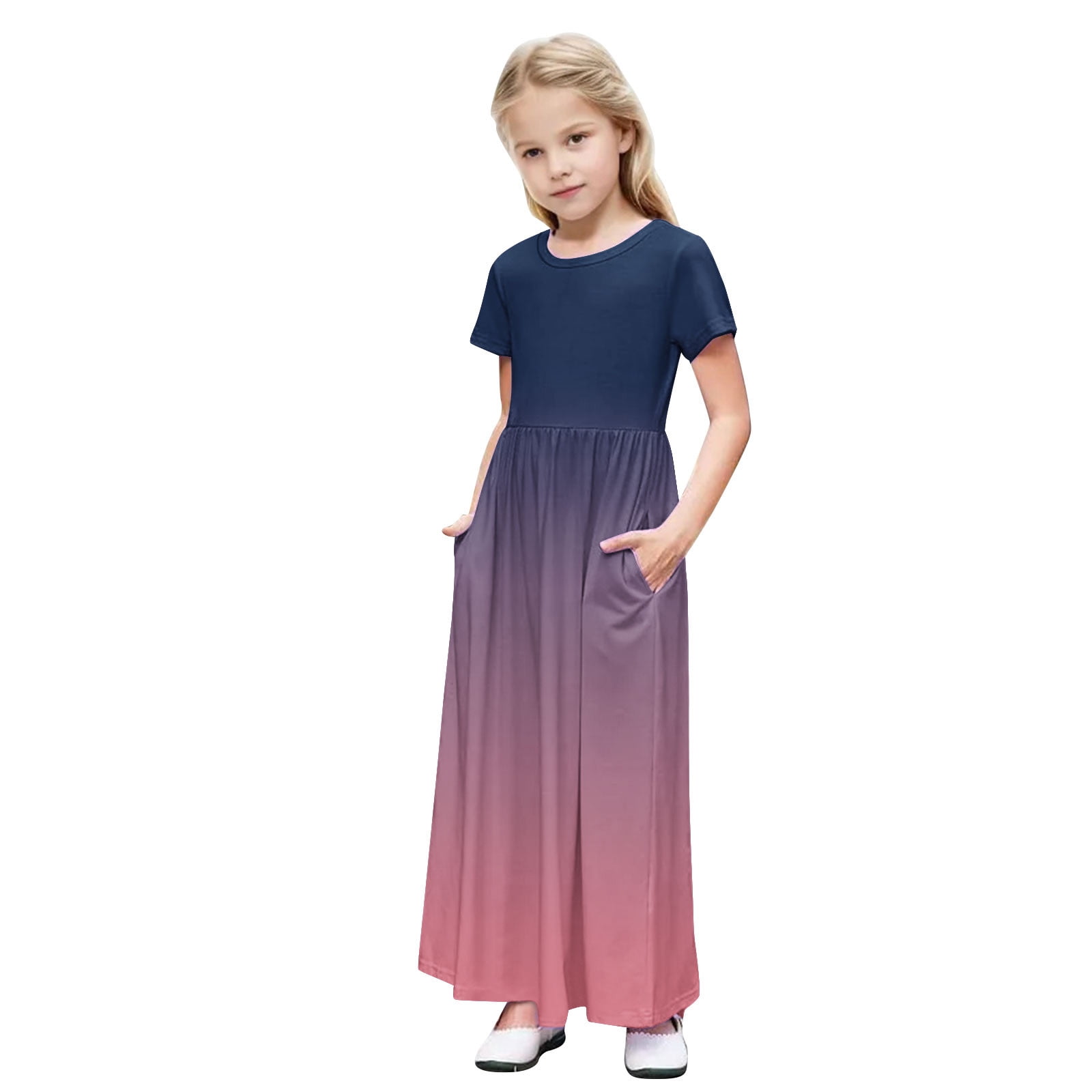 2 Pack Short Sleeve Dresses for Girls with Pockets 4-14Y Teens Kids Trendy Crew Neck High Waisted Gradient Printed Beach A-Line Maxi Dress