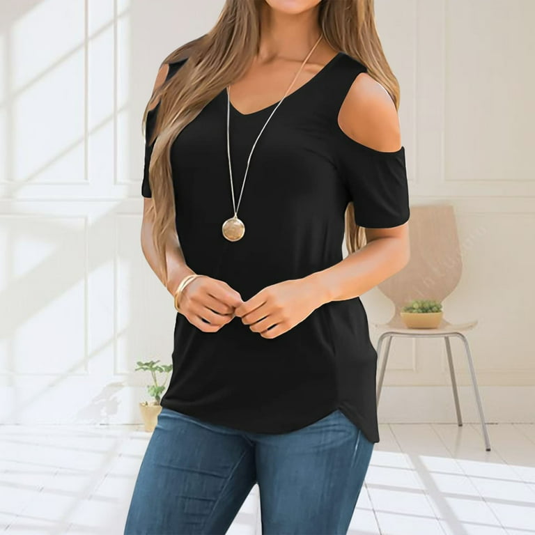 Womens Summer Casual T Shirt Cute Cold Shoulder Short Sleeve V