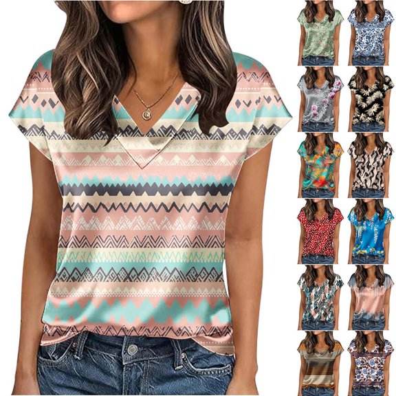 Otvok Women's Printed Short Sleeved Blouses V-Neck T-Shirt Pullover Casual Fashionable Top