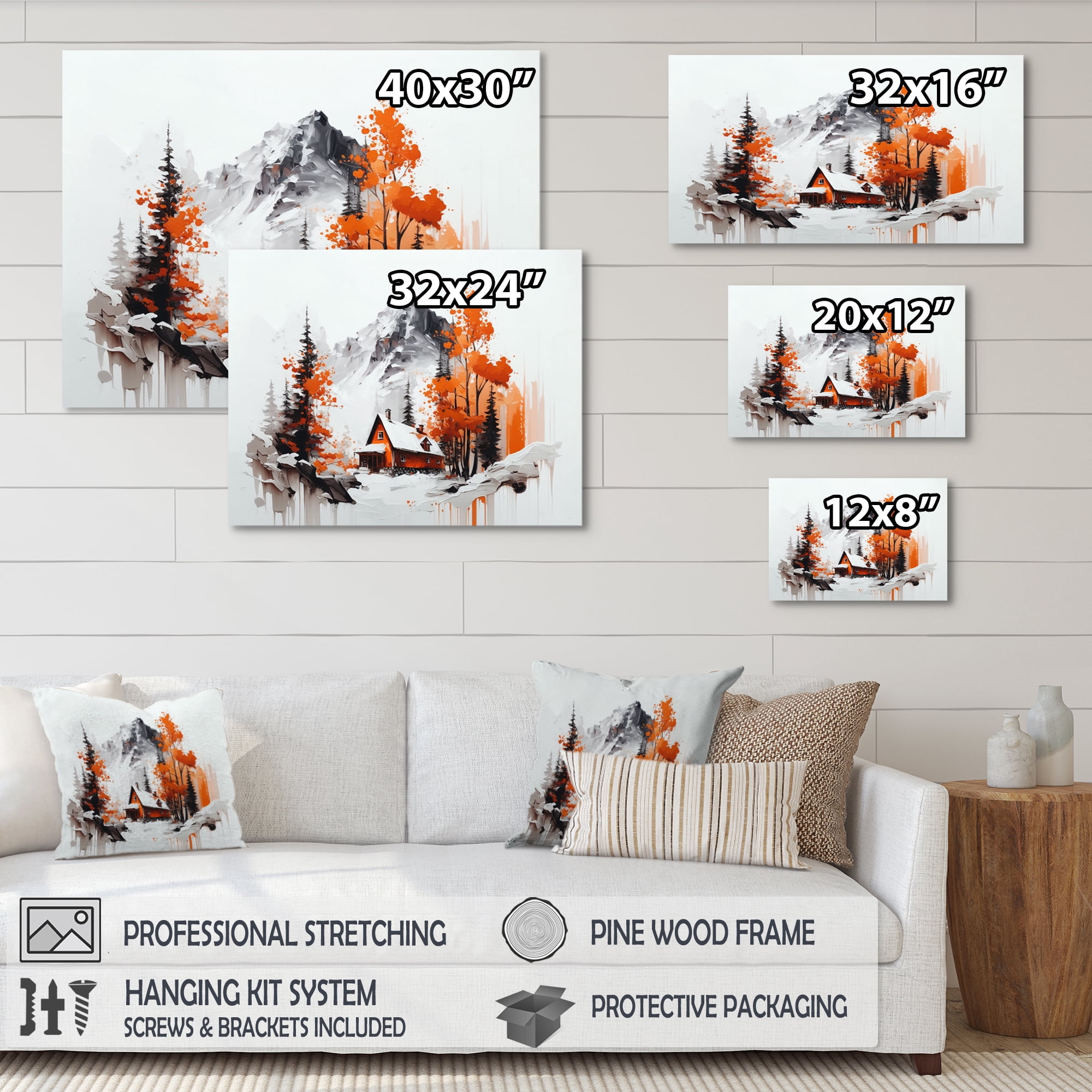 Designart Monochrome Orange Cottage In Winter XI Canvas Wall Art
