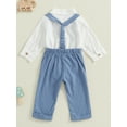 thumbnail image 4 of Suealasg Baby Boys Spring Fall Outfit Sets Long Sleeve Lapel Button Up Romper Solid Color Suspender Pants Sets 3 6 9 12 18 Months Infant Boys 2Pcs Clothes, 4 of 7