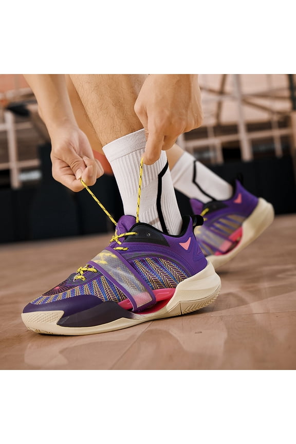 [sneakers] High-Top Basketball Shoes with Fastener | Purple and Green, Breathable Mesh Upper, Energy-Returning Midsole, Durable Rubber Sole, Comfortable Fabric Lining, Suitable for Men and Women
