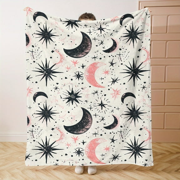 Moon & Stars Soft Flannel  Blanket Cozy, Lightweight for All Seasons Perfect for Bed, Sofa, Office, Camping & Travel