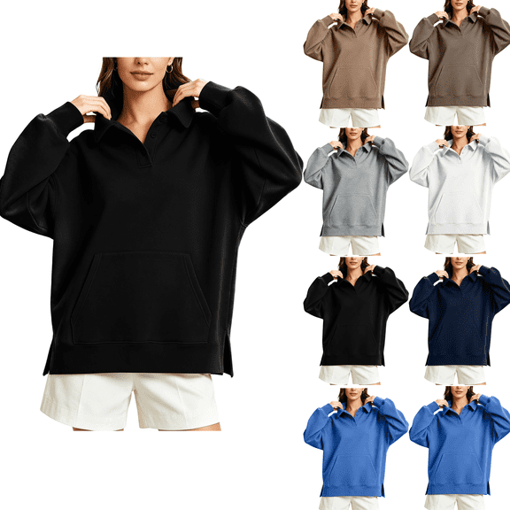 Fashion Sweatshirts for Women Plus Size Pullover Sweatshirt Long Sleeve Button With Kangaroo Pocket Side Slit Loose Tops