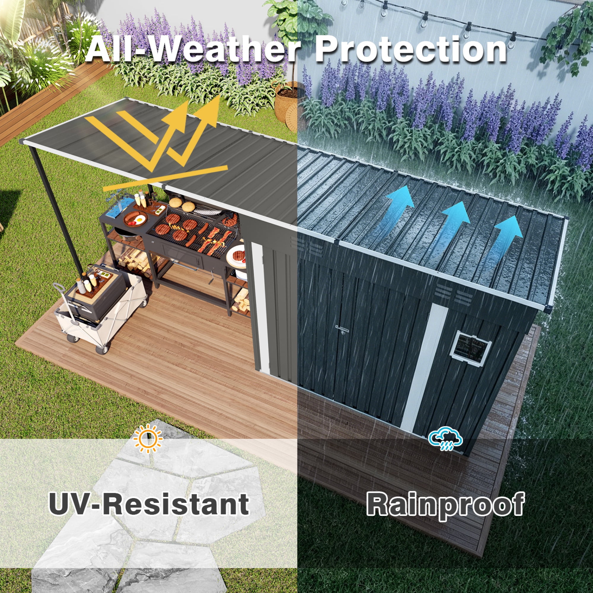 Leumius 12x4Ft Metal Lean to Shed with Open-Sided Pergola, 2-in-1 Sheds & Outdoor Storage tool Shed with Window for Patio Backyard Garden