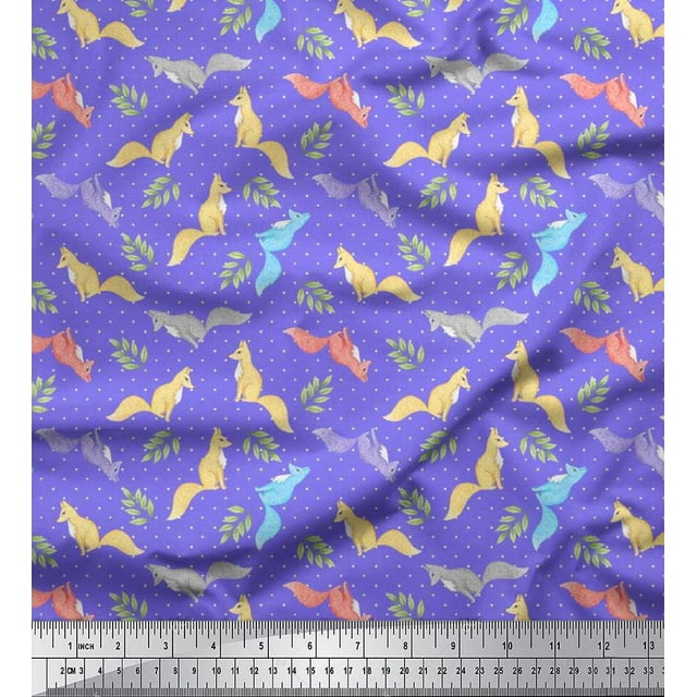 Soimoi polyester Crepe Fabric Dot,Leaves & Fox Animal Printed Fabric 1 Yard 42 Inch Wide