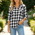 thumbnail image 2 of Lenpel Long Sleeve Shirts for Women Fall Plaid Collared Button down Shirts with Pockets Fashion Curved Hem Tops(Black,XX-Large), 2 of 7