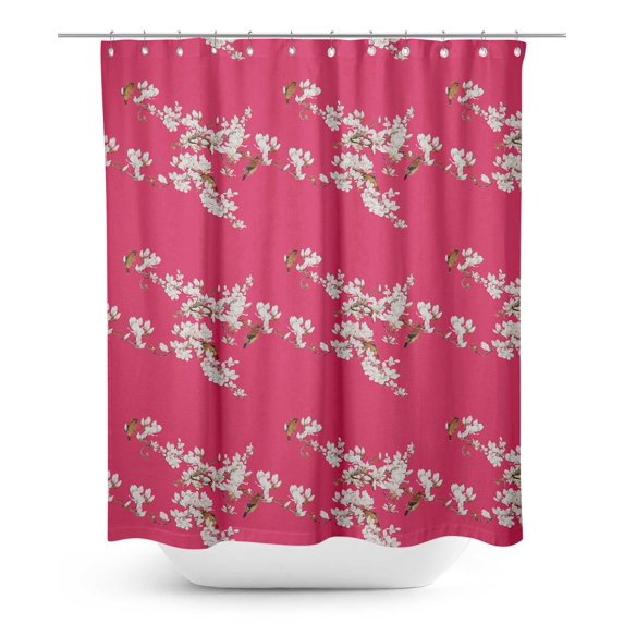S4Sassy Pink Blossom & Bulbul Bird Decorative Waterproof Printed Shower Curtain Roller Hooks Drapes-60 x 75 Inch