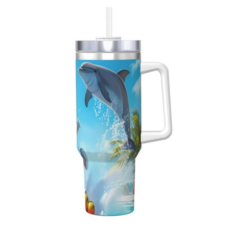 

Zeuib Astronaut Tropical Dolphin Printed Insulated Stainless Steel Hot/Cold Coffee Cup 40oz Ice Bully With Handle Tumbler with Straw and Handle Insulated Water Bottle Travel Mug Cup