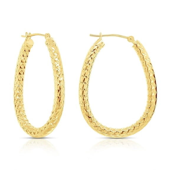Tilo Jewelry 14K Yellow Gold Large Oval Hoop Earrings with Engraving Alligator Design | 30mm | Women & Unisex