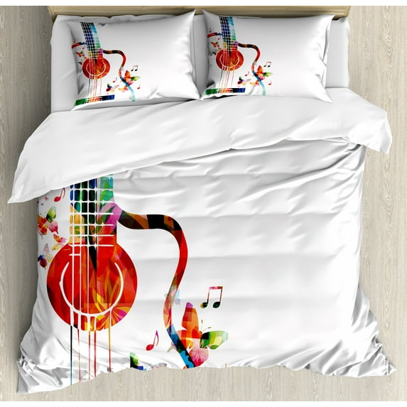 Guitar Duvet Cover Set King Size, Colorful Polygonal Musical Instrument Strings Butterflies Nature Themed Elements, Decorative 3 Piece Bedding Set with 2 Pillow Shams, Multicolor, by Ambesonne