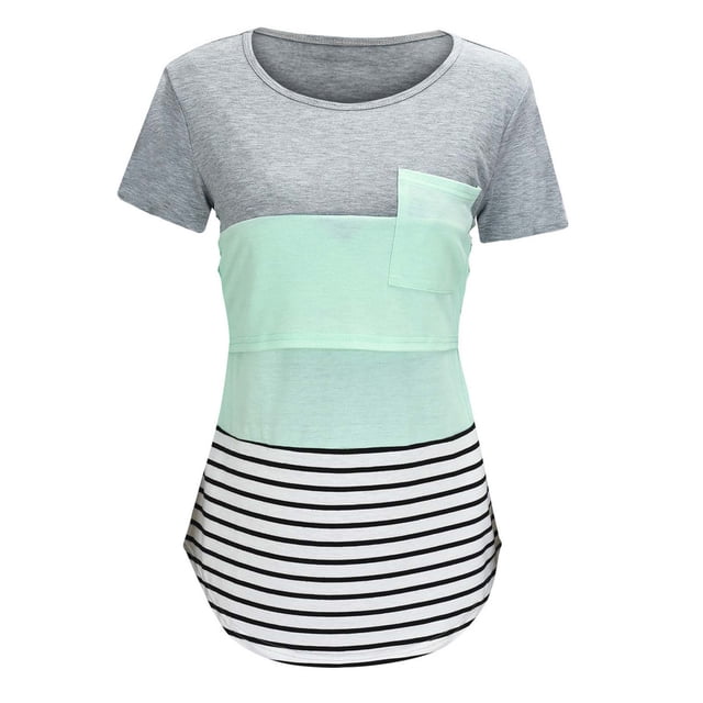 DPTALR Blouse d'Été d'Allaitement à Rayures Col Rond Manches Courtes pour Femmes Enceintes avec Poche