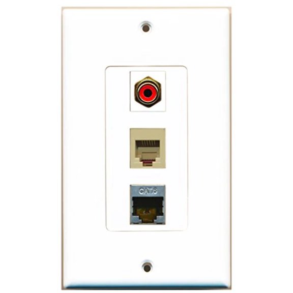 RiteAV - 1 Port RCA Red and 1 Port Phone RJ11 RJ12 Beige and 1 Port Shielded Cat6 Ethernet Decorative Wall Plate Decorative