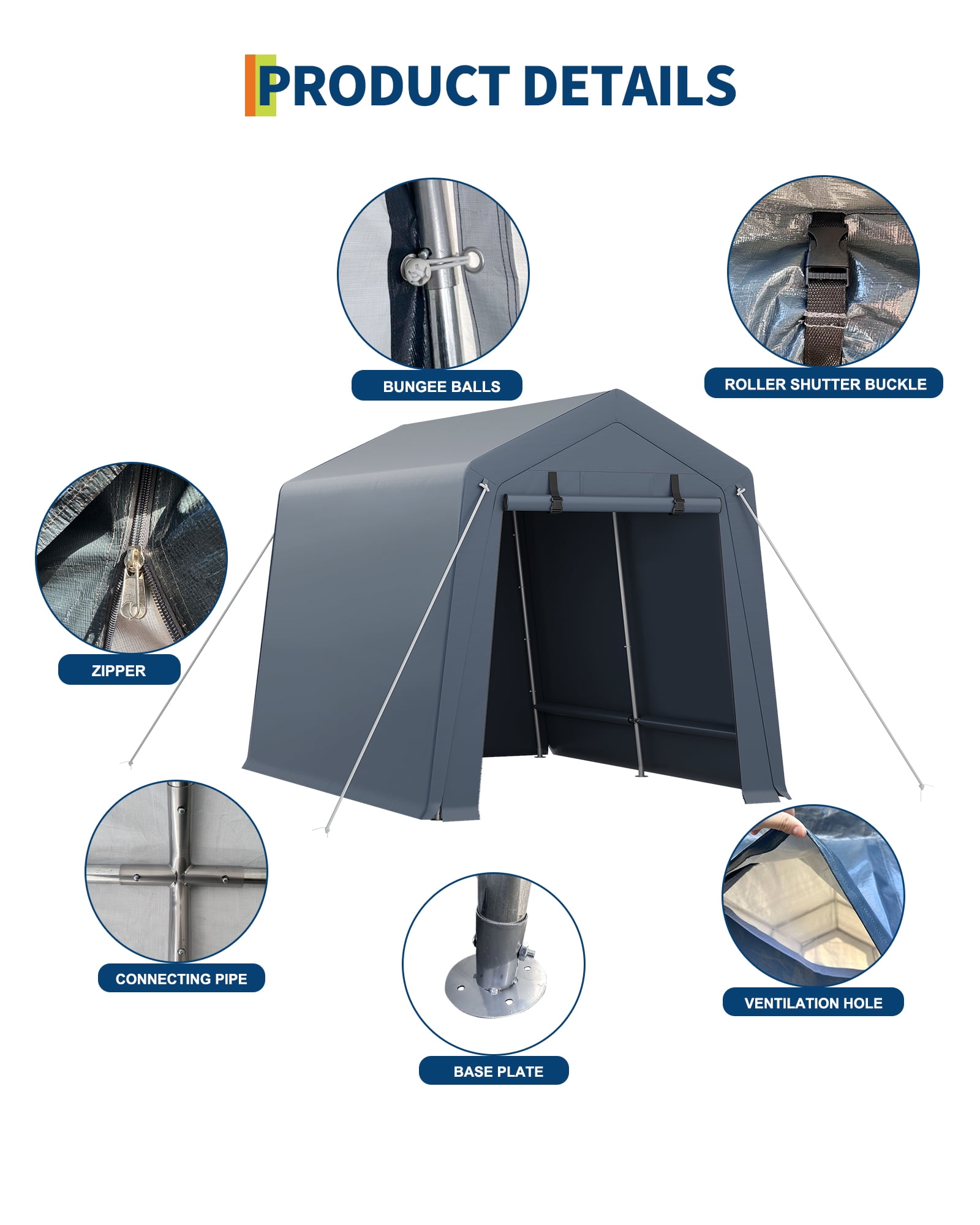 TEQIN 7x10 FT Outdoor Portable Storage Shed with Roll-Up Door & Vent,240G Heavy-Duty Shelter Waterproof PE Tarp, UV-Resistant Storage Sheds for Motorcycle, Bike,Firewood, Lawn Mower and Tools