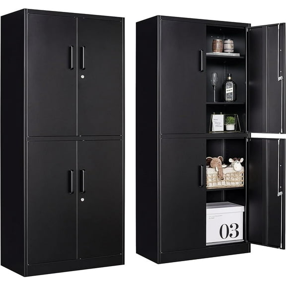 Metal Storage Cabinet with 3 Adjustable Shelves,Garage Storage Cabinet with Lock,Black Metal Cabinet with Locking Doors,Steel Cabinets 4 Doors,71" Lockable Storage Cabinets for Garage,Home,Office