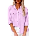 thumbnail image 2 of Qwertyu Button down Shirts for Women Lapel Long Sleeve Cotton Linen Tops Causal Lightweight Summer Spring Blouse Tees with Pocket Light Purple 2XL, 2 of 5