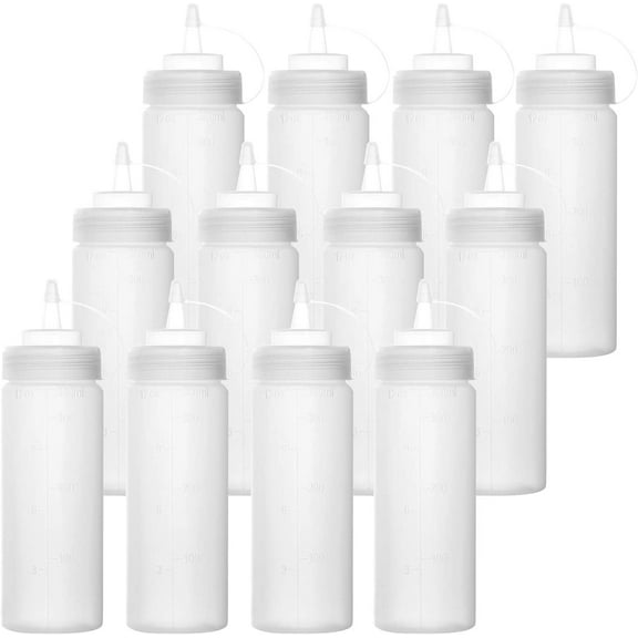 12 pack 12 Oz Plastic Squeeze Condiment Bottles with Twist On Cap Lids and Discrete Measurements, Wide Mouth Empty Squirt Bottle For Sauce, Ketchup, BBQ, Dressing, Paint