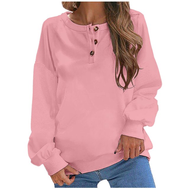 AherBiu Chandail en Molleton pour Femmes Tendance Col Rond Pull d'Automne Hauts Amples T-Shirts Décontractés à Boutons