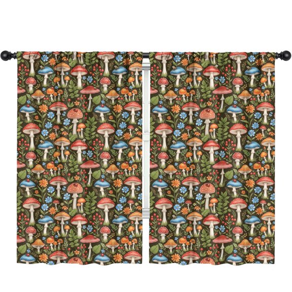 Mushroom and Flower Brown Pattern Insulated Teens Curtains Set Of 2, Bedroom Essentials, Toddler Room Decor 52"x84"