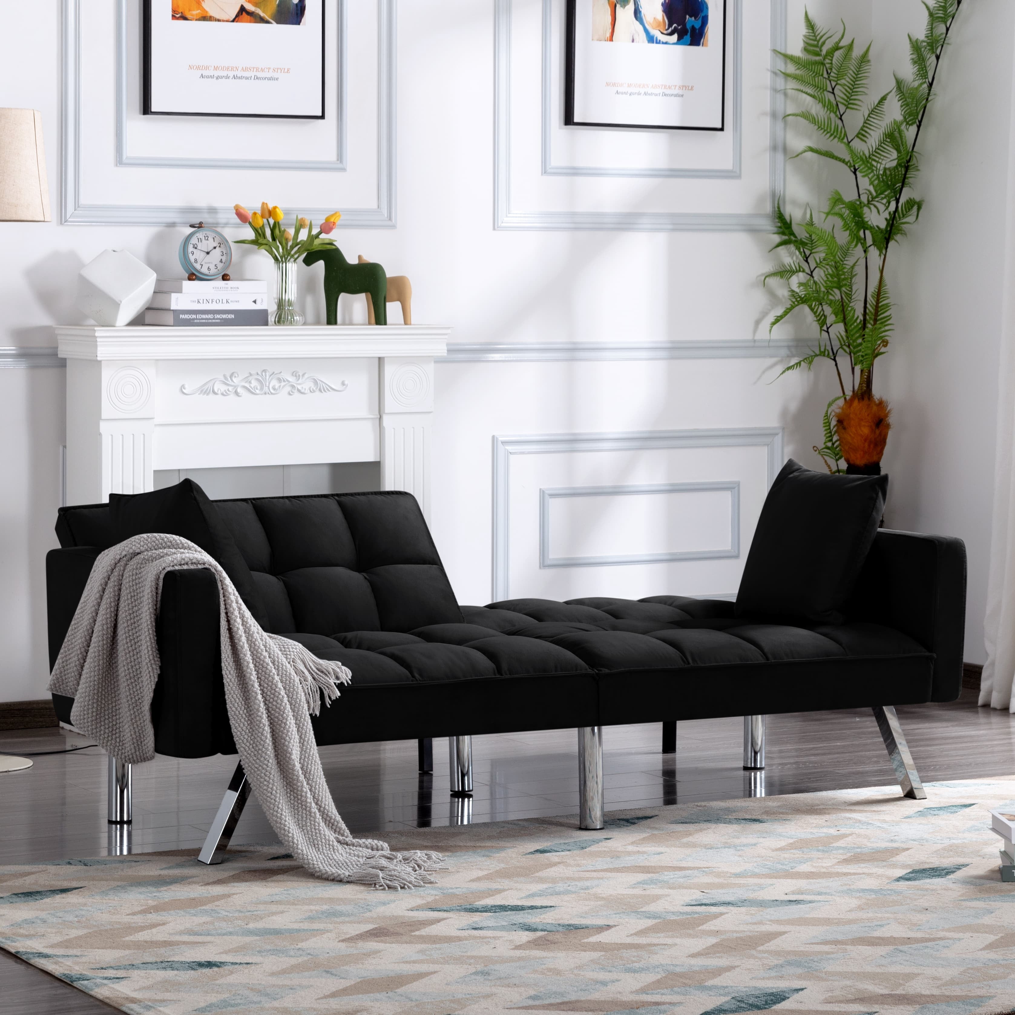 BSHTI Square-tufted Futon Sofa Bed,Twin Size,Black Velvet Fabric Sleeper Sofa,3 Angles for Adjusting Sleeper Sofa,for Home,Office,and Guest Room