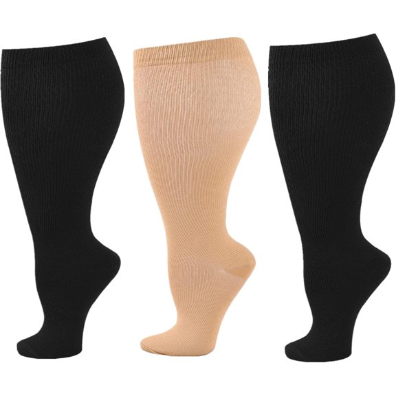 Plus Size Compression Socks Women, 3 Pairs Compression Socks for Women Travel Swelling Nurses Running Pregnant Large Calf Support Socks Plus Size Compression Socks Wide Calf