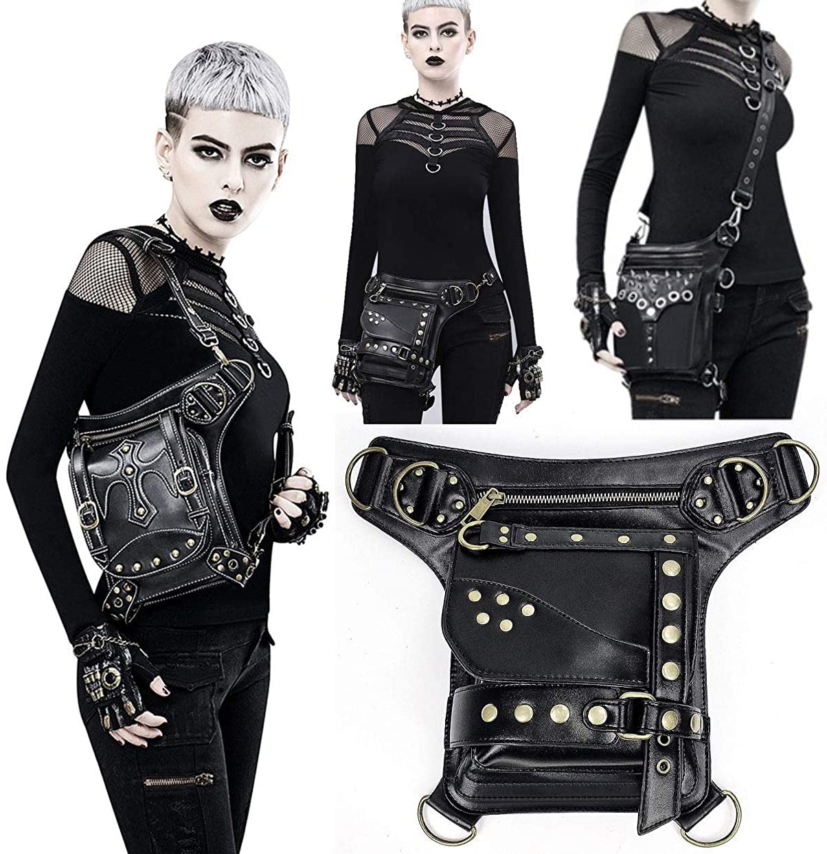 Steampunk Waist Bag Fanny Pack Fashion Gothic Leather Shoulder Crossbody Messenger Bags Thigh Leg Hip Holster Purse Travel Pouch Hiking Sport Chain Bags for Women Men 