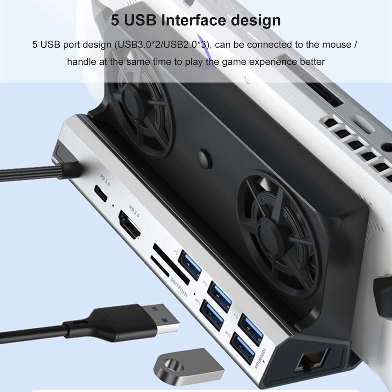 Docking Station for Steam Deck with 2 Fans, 4K 60Hz HD Multimedia Interface, USB 3.0/2.0, Gigabit RJ45, Compatible with ASUS Rog Ally/Switch, with 100W PD Charging Port-Black