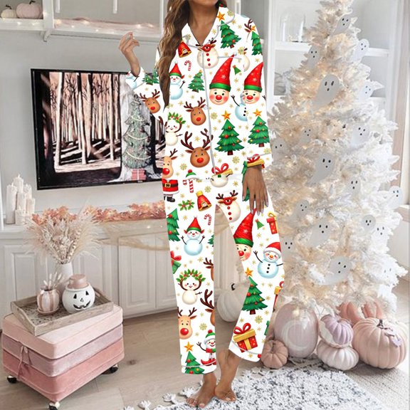 Women Outfits Lapel Christmas Print Long Sleeve Pocketed Top And Pants 2 Piece At Home Wear Women's Clothing Sets White L