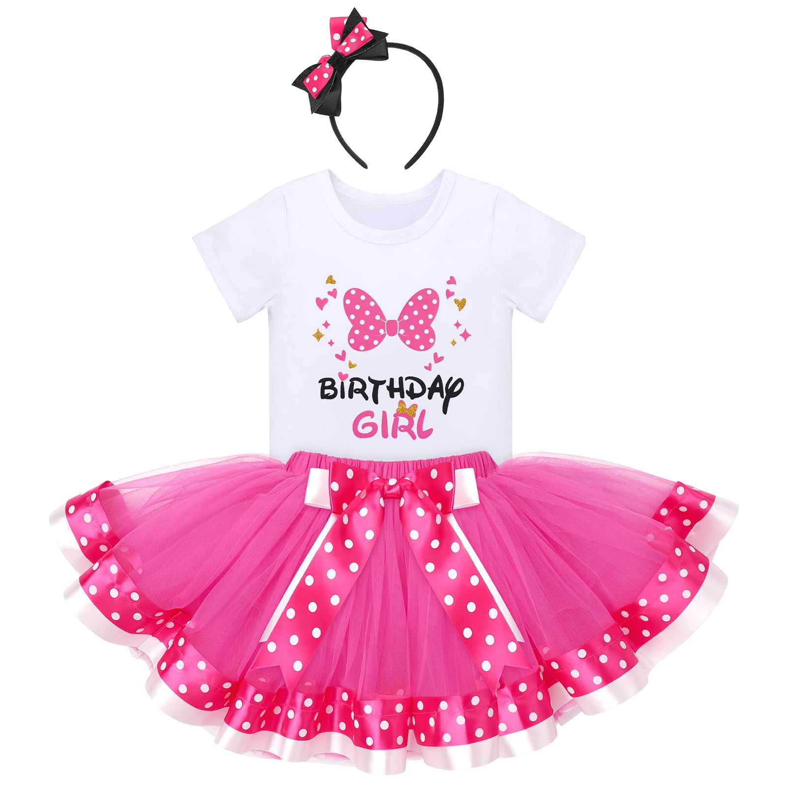 IBTOM CASTLE Toddler Girls Birthday Outfit Polka Dots Tops Tutu Skirt Mouse Ears Headband for Cake Smash Photo Shoot 3 Years Hot Pink - Bowknot