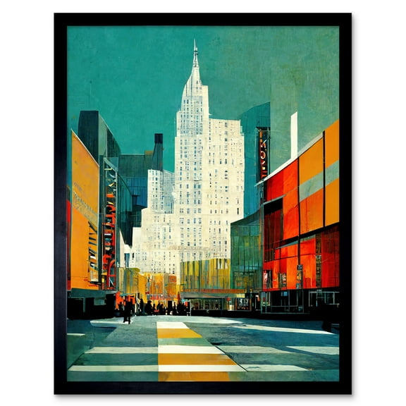 Broadway New York Abstract Midcentury Cityscape Orange Teal Art Print Framed Poster Wall Decor 12x16 inch