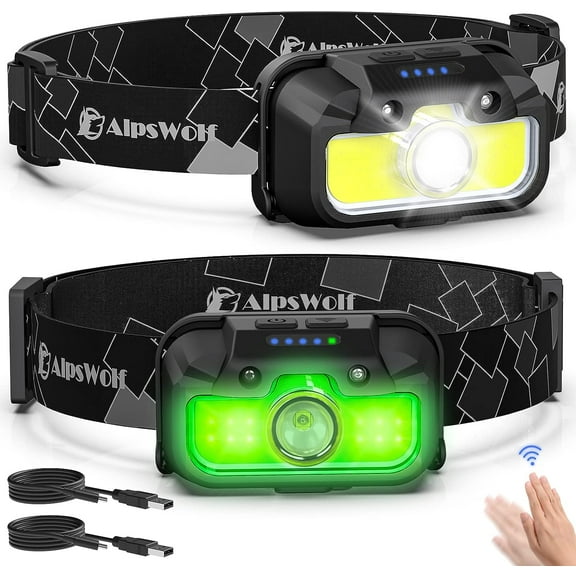 2 Pack AlpsWolf Super Bright Headlamp Rechargeable, Adjustable Head Lamp, Multi Modes Headlight for Adults