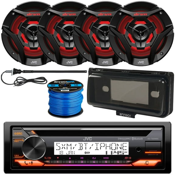 Single DIN Marine Bluetooth USB AUX AM/FM Radio CD Player Receiver Bundle Combo with 4x 6.5" 260W 2-Way Black Boat Audio Speakers with MultiColor LEDs, Receiver Shield, Antenna, Speaker Wiring