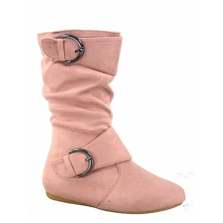 Klein-70 Girls Kid s Causal Flat Heel Buckles Zipper Slouchy Mid Calf Boots Shoes ( Dusty Pink  9 )