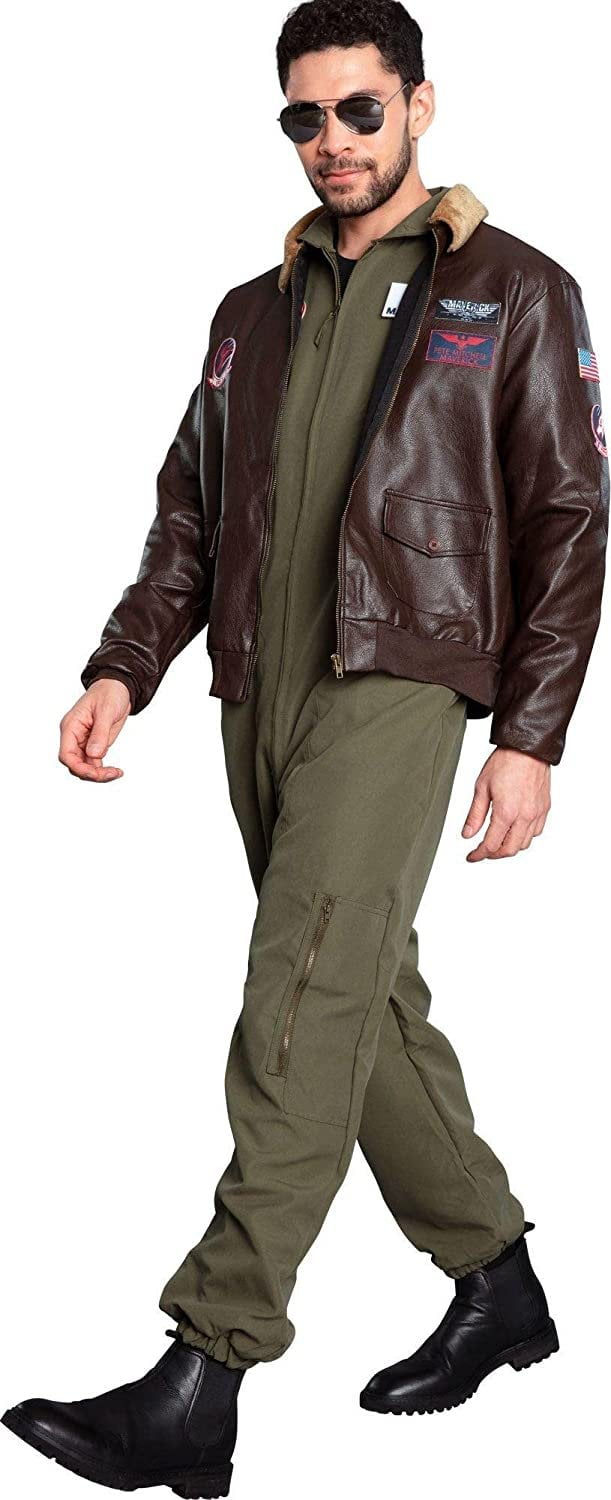 Party City Top Gun: Maverick Flight Costume for Men, Halloween, Plus Size, Olive Green Jumpsuit with Zipper