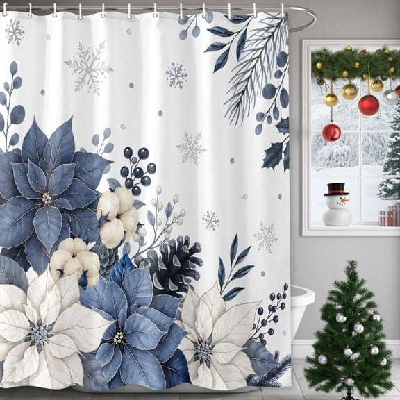 Navy Blue Poinsettia Chritsmas Shower Curtains for Bathroom, Waterproof Bath Curtains Decor, Bath Tub Curtain Xmas Leaf Snowflake Botanical Decorative Shower Curtain Sets with 12 Hooks, 72x72 Inch