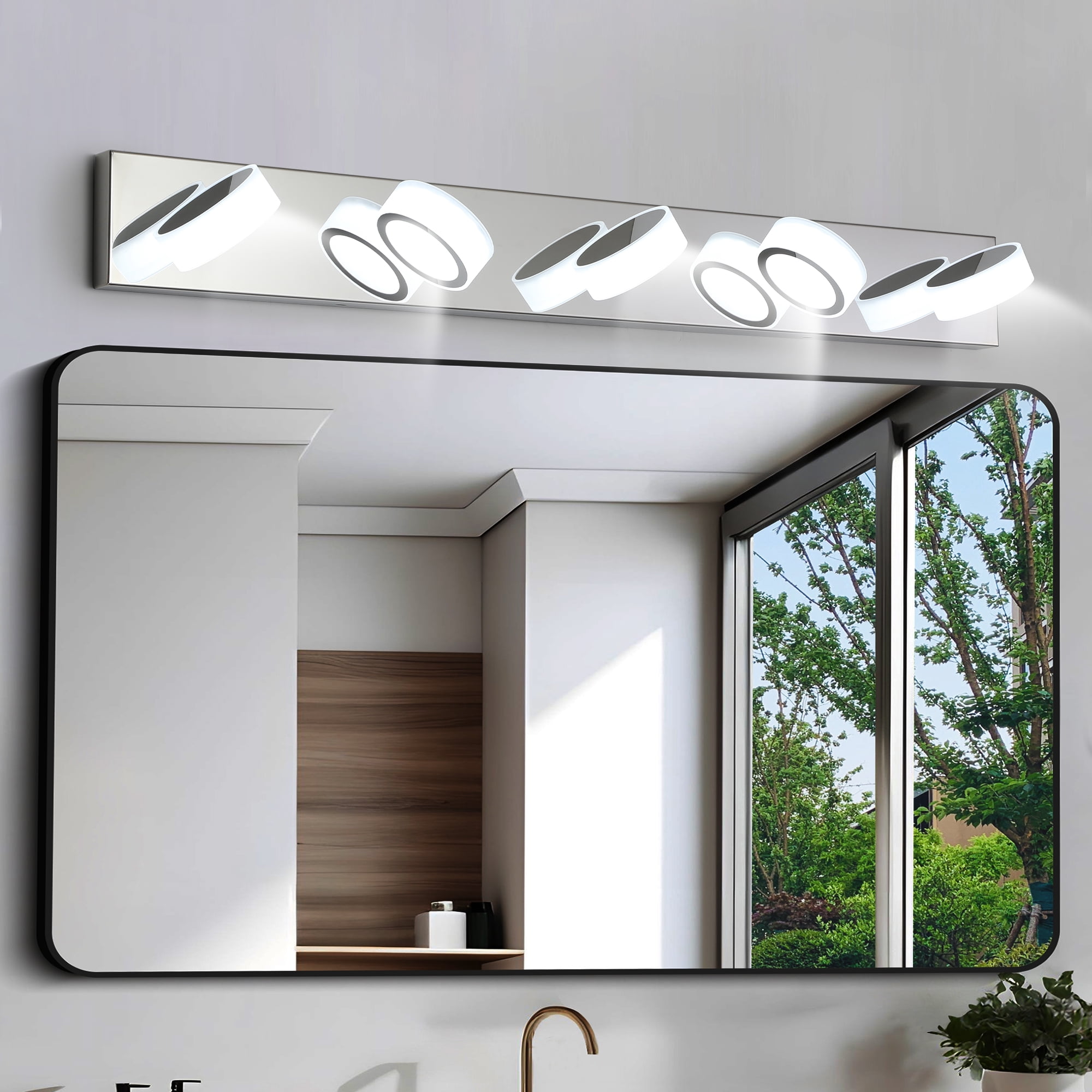 5 Light Modern Rotating Oval Lampshade 37.0in Metal Vanity Light Fixtures Dimmable for Bathroom Lighting Over Mirror Chrome