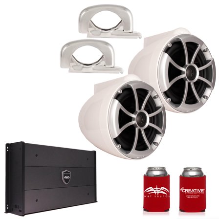 Wet Sounds ICON8W-FMINI 8" White Tower Speakers with Stainless Steel MINI Fixed Clamps & SYN-DX2.3 1200 Watt Amplifier