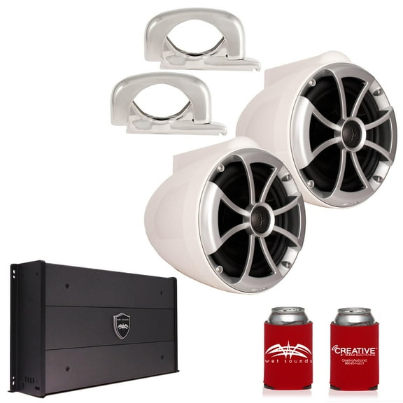 Wet Sounds ICON8W-FMINI 8" White Tower Speakers with Stainless Steel MINI Fixed Clamps & SYN-DX2.3 1200 Watt Amplifier