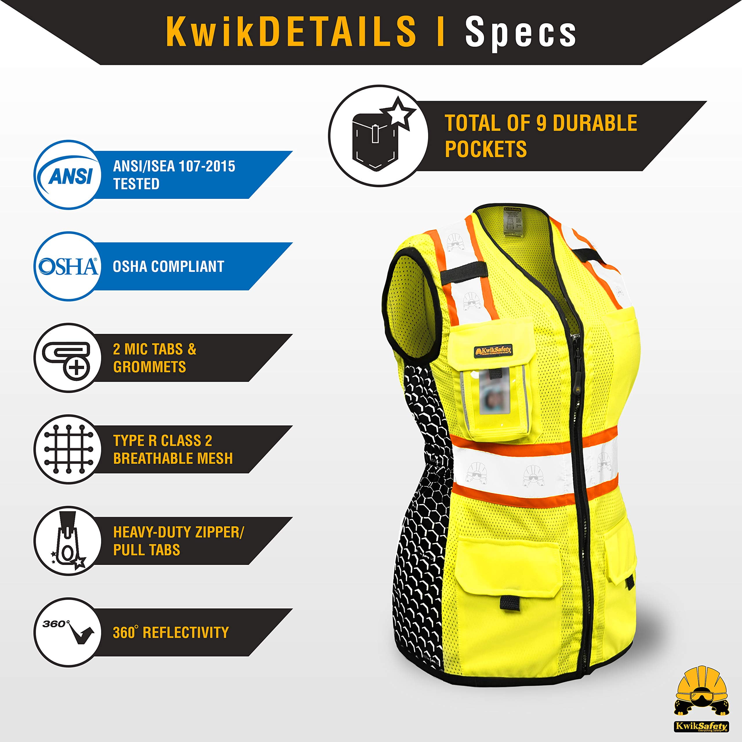 KwikSafety (Charlotte, NC) QUEEN BEE Premium Safety Vest for Women (HONEYCOMB Design) 9 Pockets Class 2 Custom High Visibility ANSI OSHA Reflective Construction Work with Zipper | Yellow Large