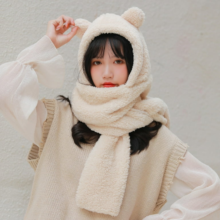 Women/Girls Plush Scarf Hat, Cute Bear Ear Warm Scarf Cap Set for