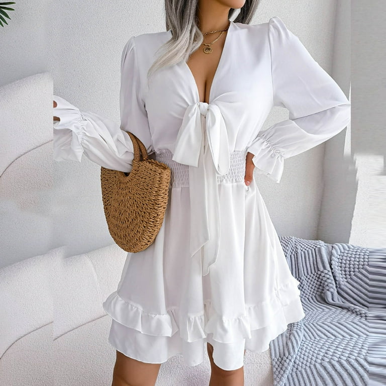 Lopecy-Sta Fashion Women Casual Sexy V-Neck Solid Dresses Summer Long  Sleeve Pullover Bandage Dress Savings Clearance Long Sleeve Dress for Women  Sundresses for Women White 