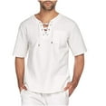 thumbnail image 2 of Leutsin Men's Drawstring Solid Color Cotton And Linen Short Sleeve T-shirt Tops, 2 of 6