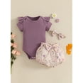 thumbnail image 3 of Baby Toddler Girls Shorts Clothes Set, 3 6 12 18 Months Short Sleeve Romper with Floral Shorts and Hairband Summer Outfit, 3 of 9