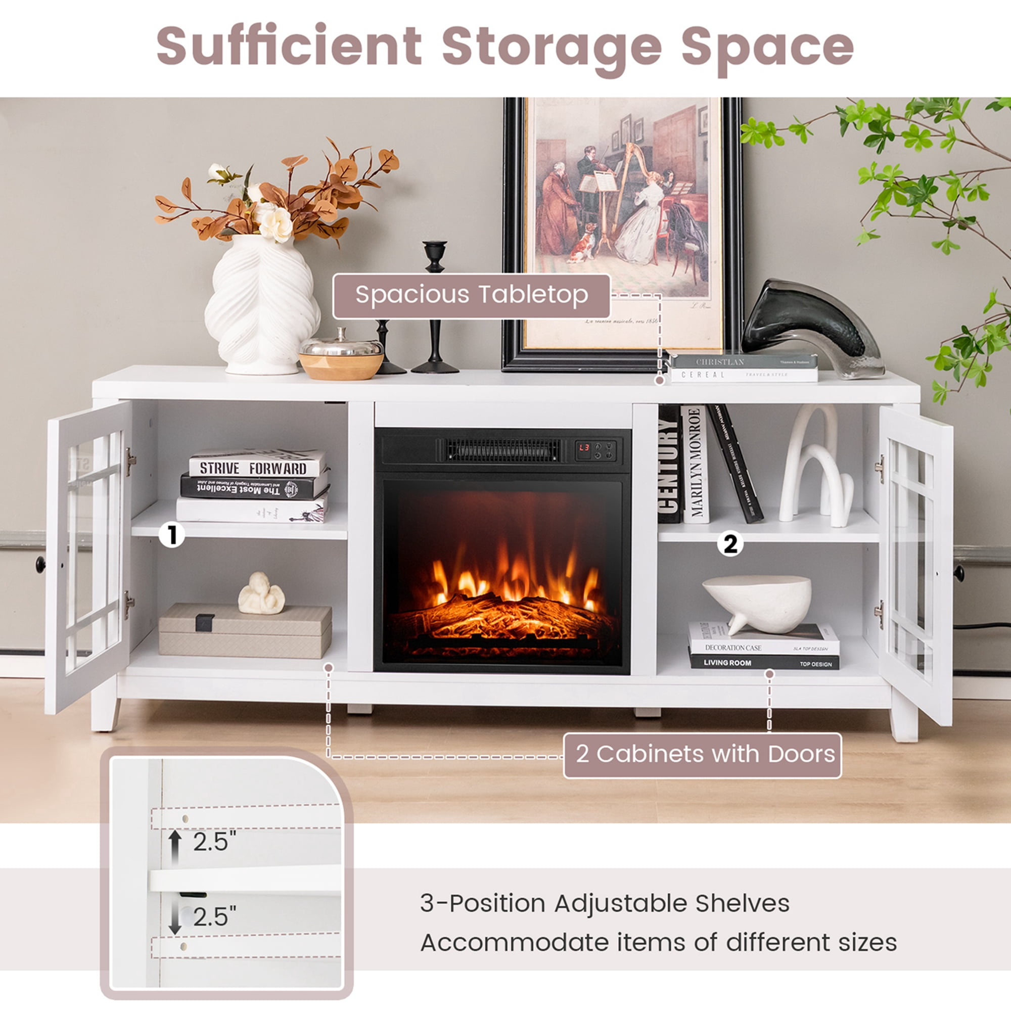 Costway 58 Inches Fireplace TV Stand for TVs up to 65 Inches with 1400W Electric Fireplace White