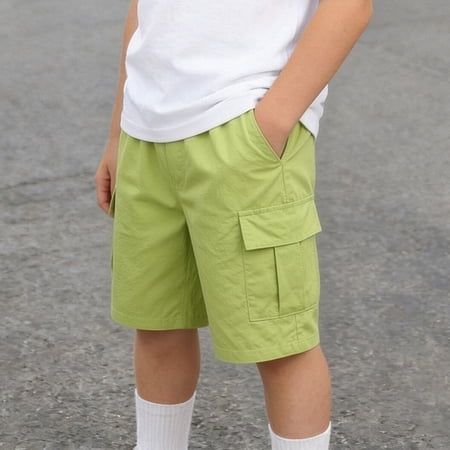 Makaor Boys Cargo Shorts with Pockets with Pockets Quick Dry Mid Waist Straight Leg Long Short Elastic Waist Solid Baggy Summer Outfits Green 6T