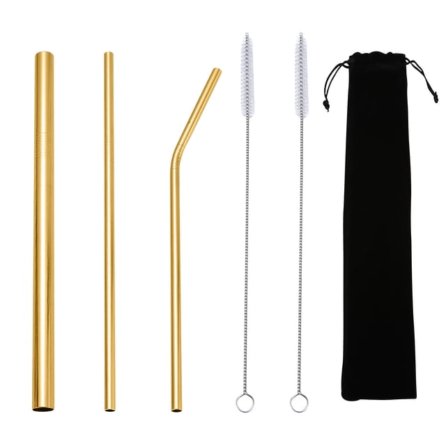 Stainless Steel Cup with Straw Creative 304 Stainless Steel Straw Set Cloth Bag Metal Straw Portable Set. The image shows a set of gold-colored stainless steel straws, including straight and bent designs, accompanied by two cleaning brushes and a black cloth storage bag. The straws feature a mirror-polished finish and are made of durable 304 stainless steel, designed for hygiene and portability.